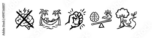 Set of hand-drawn mental health and well-being icons including stress, relaxation, strength, balance, and nature. Conceptual doodle illustrations for mindfulness and stress management.