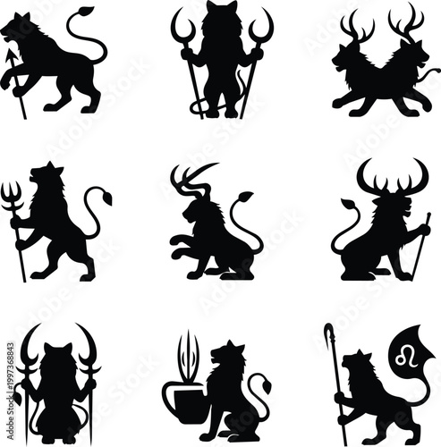 Heraldic fantasy beast silhouette set with lion wolf and deer for logo design