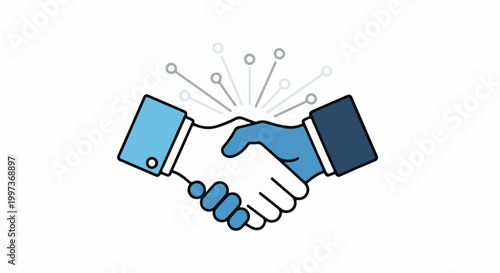 Two business partners shaking hands representing a successful digital deal with modern connectivity lines appearing above their joined firm grip
