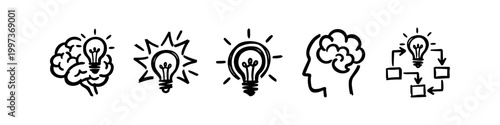 Set of hand-drawn doodle icons representing creativity, brainstorming, and innovation with lightbulbs, brains, and process diagrams. Simple black ink sketches on a white background.