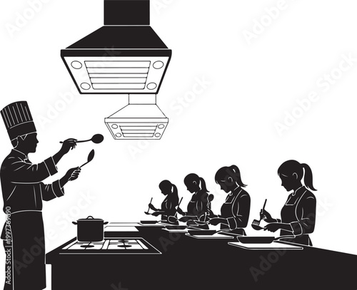 Chef teaching cooking with students in kitchen