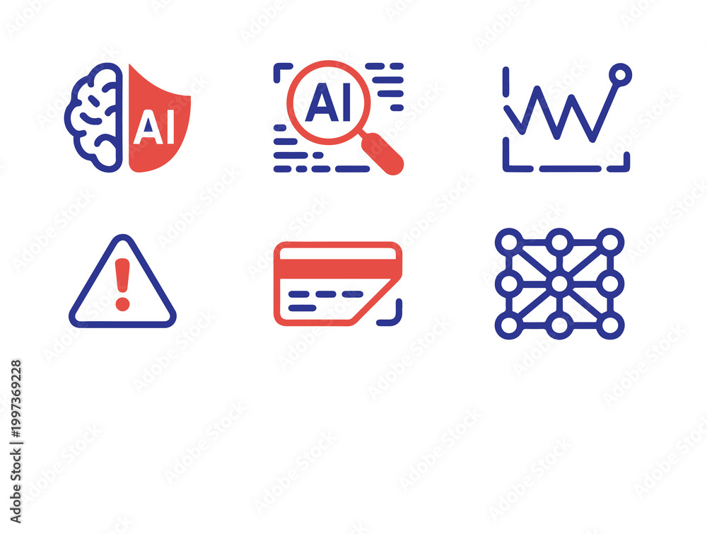 Fototapeta premium Artificial intelligence and data analysis related symbols including AI brain, search, graph, warning, credit card, and network