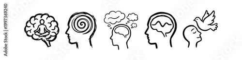 A set of hand-drawn mental health and psychology icons featuring brains, meditation, thought processes, and a peace dove, symbolizing emotional wellness and mindfulness concepts.
