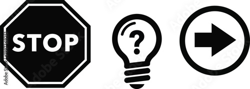 Stop, Question, Go Icons: Decision Making, Process Flow, and Direction