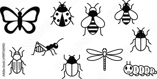 Set of Insect Icons: Butterfly, Ladybug, Bee, Grasshopper, Dragonfly, Beetle, Caterpillar