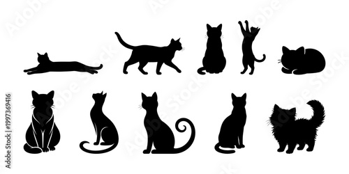 Black cat silhouette set, various kitty poses black animal outline vector icons isolated on white