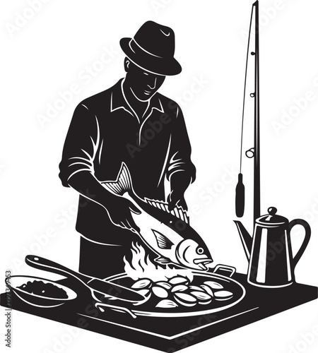 Man grilling fish on outdoor table with fishing rod