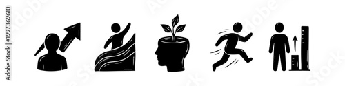 Hand-drawn icon set representing personal growth, success, and development. Features symbols for career progress, mindset, overcoming obstacles, speed, and performance tracking.