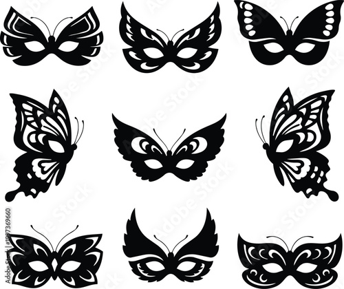Butterfly masquerade mask silhouette set for carnival and costume design