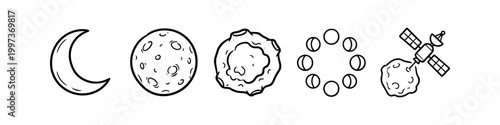 Set of hand-drawn space and moon icons in a simple black line art style, featuring lunar phases, full moon, crescent, asteroid, and satellite, isolated on white background.