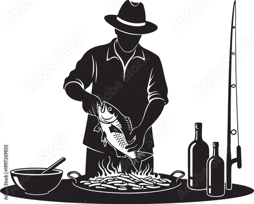 Man in hat grilling fish on fire pit with fishing rod