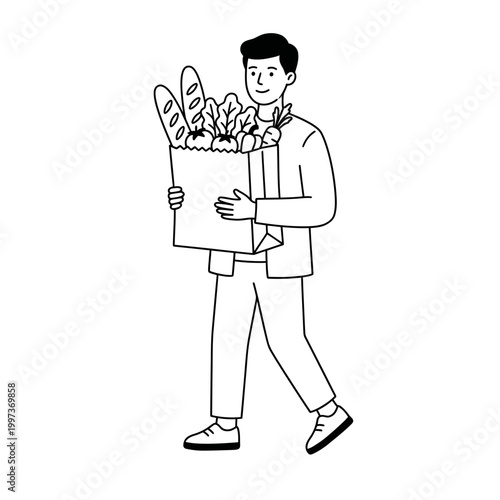 Man Carrying Paper Bag of Fresh Groceries – Healthy Shopping, Organic Food, and Domestic Life Illustration