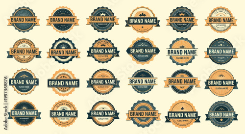 Collection of Vintage Style Brand Name Labels and Badges.