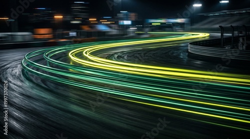 Abstract Motion Trails of Yellow and Green Lights on a Dark Racetrack