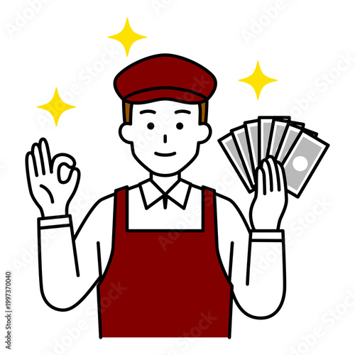 お札を持ってOKサインをするカフェの男性店員