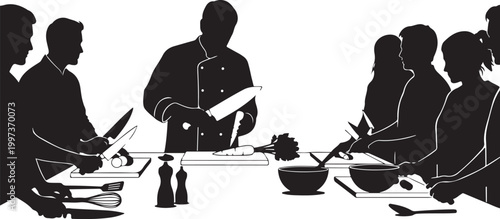 Silhouette of chef teaching cooking with students kitchen