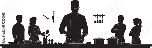 Silhouette of chefs and kitchen staff in a kitchen cooking