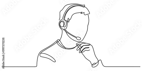 Continuous single line drawing of a customer support agent man wearing a headset and thinking while working in a service office Vector, illustration