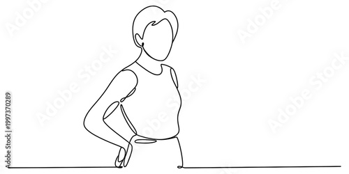 Continuous single line drawing of a stylish woman standing with hands on hips posing in a confident and elegant fashion art style Vector, illustration