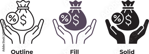 Three icon variations showing hands holding a money bag with dollar and percentage symbols