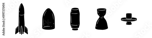Black silhouette collection of rocket components including the full rocket, nose cone, fuel tank, and engine nozzle isolated on a white background for space exploration concepts.