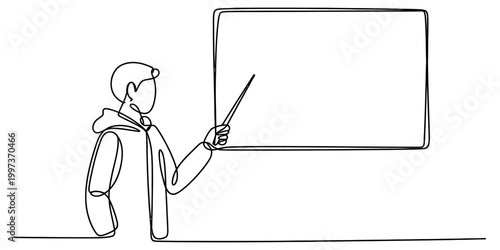 A young man standing and pointing at a large empty board in a continuous one line drawing style representing a teacher or student presentation Vector, illustration