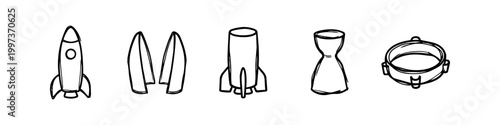Hand-drawn doodle set of rocket components and spacecraft parts isolated on white background. Includes rocket ship, fairing, booster, and engine nozzle icons.