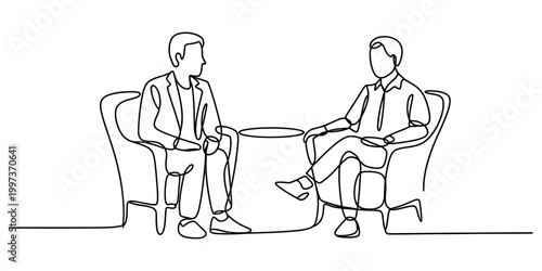 Continuous single line drawing of two business men sitting in chairs talking to each other for an office meeting or interview concept Vector, illustration