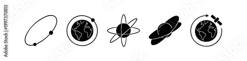 Set of black and white vector icons illustrating planetary orbits, the Earth, artificial satellites, and celestial physics concepts, ideal for educational or scientific design projects.