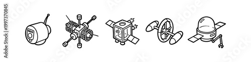 A collection of five isometric line art illustrations of futuristic space probes and satellites. Minimalist black and white doodle style for science, technology, and cosmic exploration concepts.