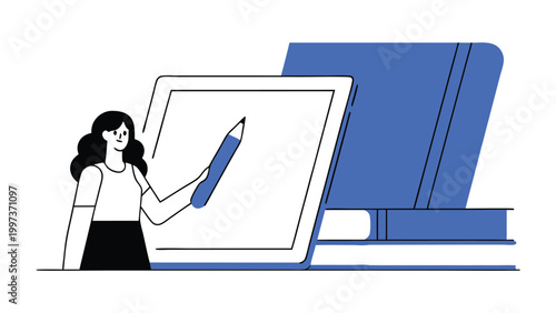 Female Graphic Designer Drawing on Digital Tablet with Stylus and Books  abstract concept vector illustrations, black and blue vector art