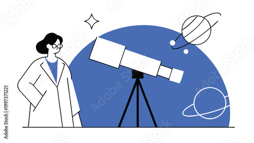 Astronomer Scientist Looking Through Telescope at Planets and New Ideas abstract concept vector illustrations, black and blue vector art
