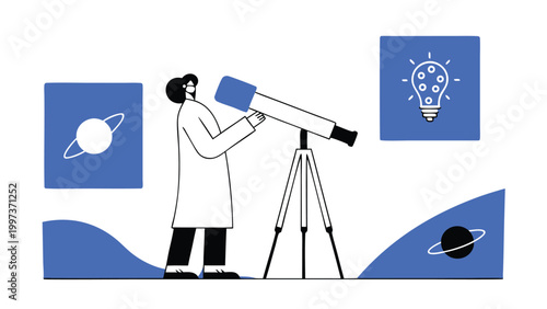 Astronomer Scientist Looking Through Telescope at Planets and New Ideas abstract concept vector illustrations, black and blue vector art