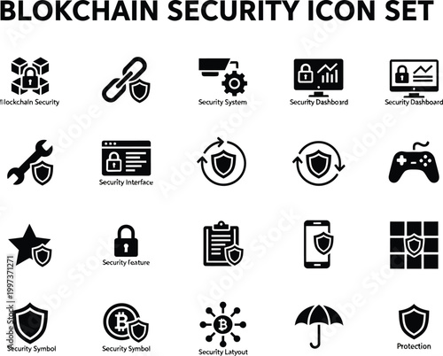 Collection of black professional cybersecurity icons representing blockchain network integrity and digital protection software tools