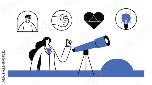 Astronomer Scientist Looking Through Telescope at Planets and New Ideas abstract concept vector illustrations, black and blue vector art