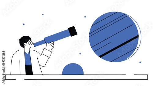 Astronomer Scientist Looking Through Telescope at Planets and New Ideas abstract concept vector illustrations, black and blue vector art