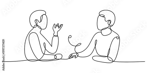 Continuous single line drawing of two people talking and having a friendly conversation together in a simple minimalist art style Vector, illustration