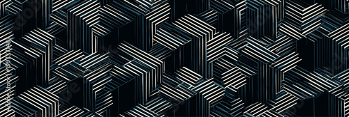 Abstract geometric pattern creating illusion of cubes. Repeating striped hexagons and rectangles forming a complex isometric structure