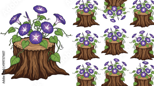 Tree stump with purple morning glory flowers seamless pattern set illustrating woodland plants, botanical decoration, and nature themed vector illustration