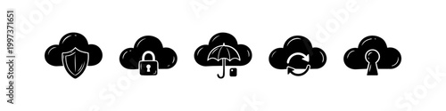 Set of black cloud computing icons representing data security, protection, synchronization, and private access on a white background.