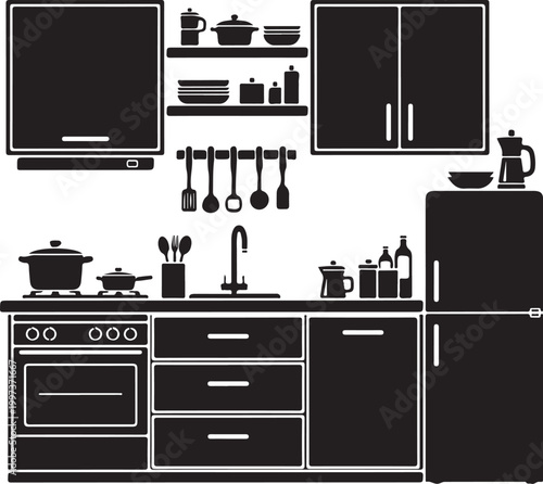 Black and white kitchen with appliances and utensils