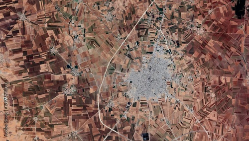 Fotografie Suruç District Agricultural Fields and Rural Settlement Aerial Satellite View, Ş