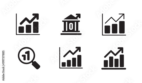Financial growth bar chart icons with rising arrows for business performance and analysis.