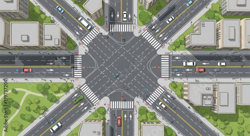 Aerial View of Busy City Intersection with Traffic and Buildings.