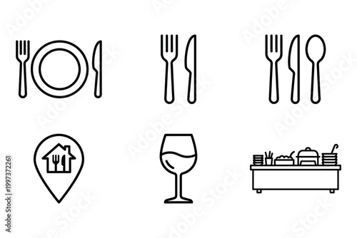 Minimalist line icons set featuring cutlery wine glass and food buffet symbols isolated