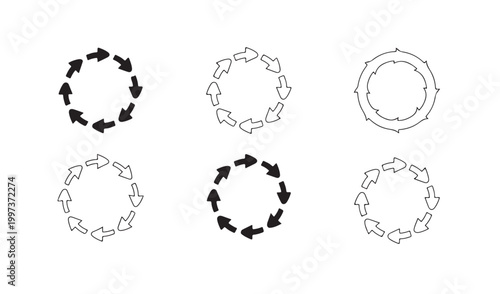 Six circular arrow icons representing rotation and cyclical processes.