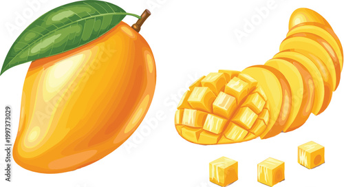 Fresh ripe mango fruit whole and sliced with cubes isolated on white background, juicy tropical food vector illustration for healthy nutrition design