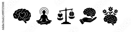 A set of five black minimalist mental health icons featuring a brain with a heart, meditation pose, balance scale, brain in hand, and a blooming brain. Symbols for wellness and psychology.