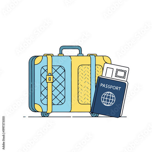 Travel luggage with passport and tickets.