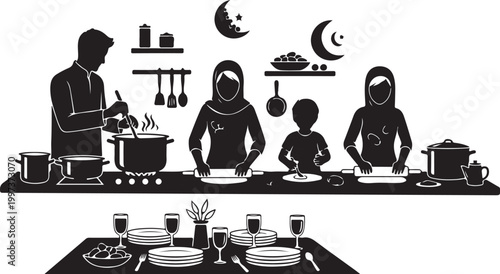 Black silhouette of family cooking and dining together dinner